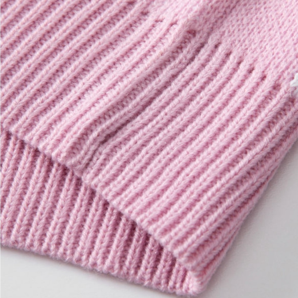 Pink Checkered Bubble Sleeved Crew Neck Knit Sweater - Picture 7 of 11